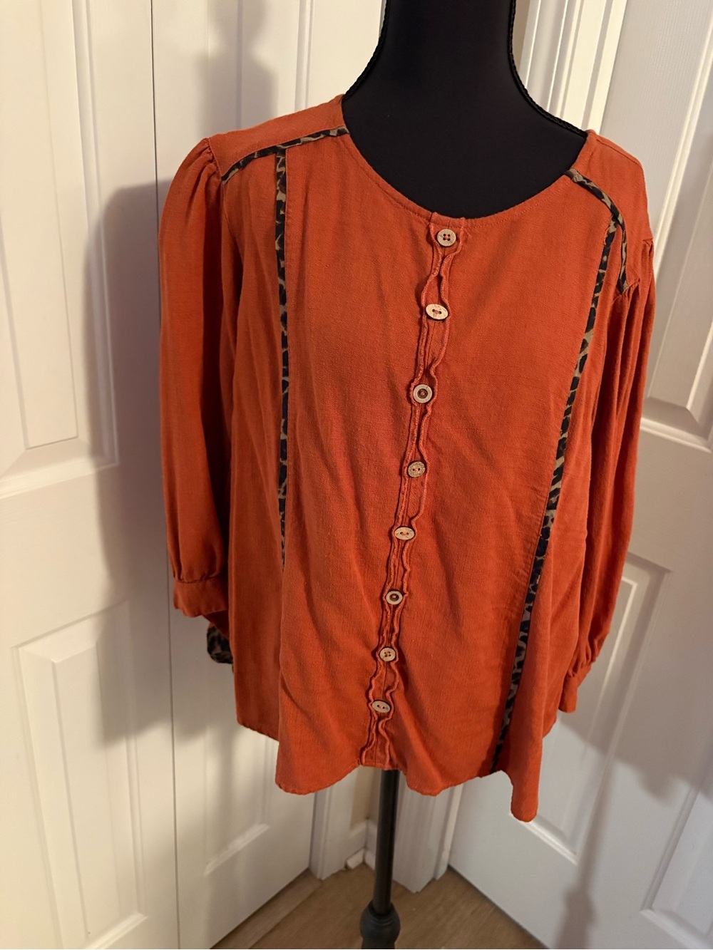 John Mark Women’s Rust Orange shirt with Leopard Trim